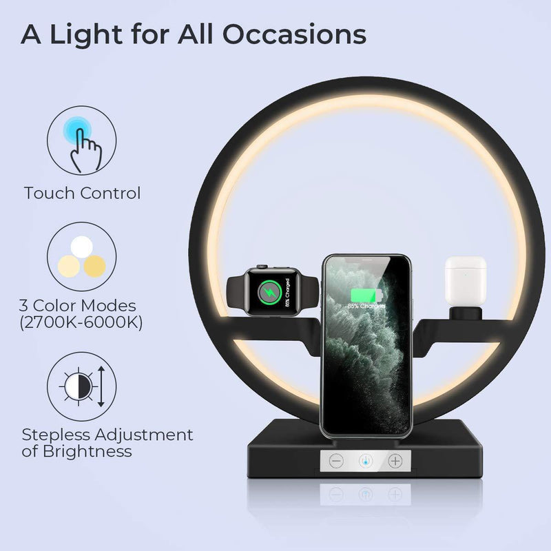 30W Wireless Charger, Qi Multifunction Fast Charging Station with Nightlight for Apple Watch Airpods