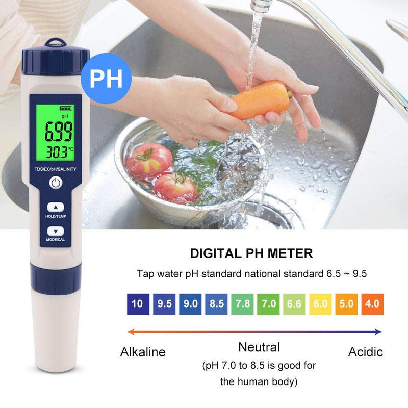 5-in-1 Digital pH Meter with TDS /EC /Salinity /Temp