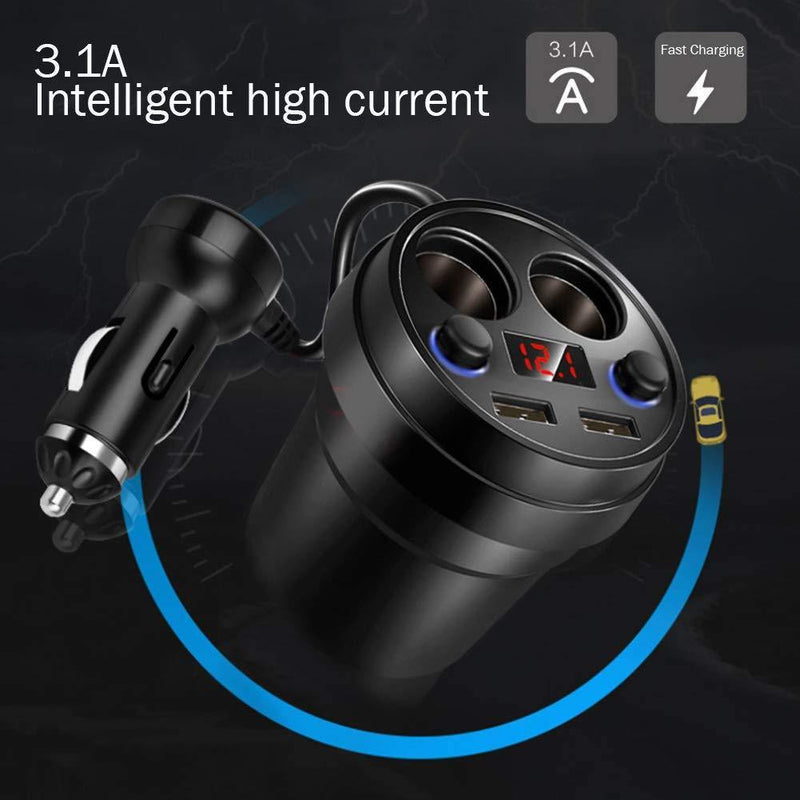 80W Car Charger Cigarette Lighter Adapter with 2-Socket Splitter Extender and 2USB Ports